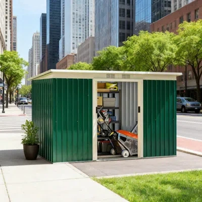 Wow Pioneer Compact Galvanized Steel Outdoor Storage Shed With Sloped Roof And Lockable Doors In Green