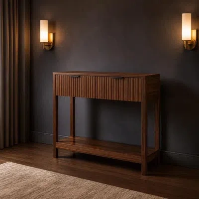 Wow Pioneer Mid-century Modern Fluted Console Table With 2 Smooth-glide Drawers And Open Lower Shelf, Narrow Sli In Walnut