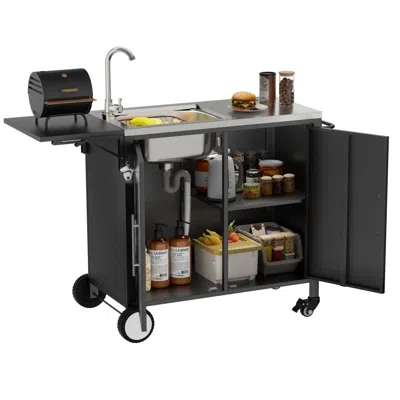 Wow Pioneer Outdoor Grill Table With Sink And Rolling Portable Storage Cart