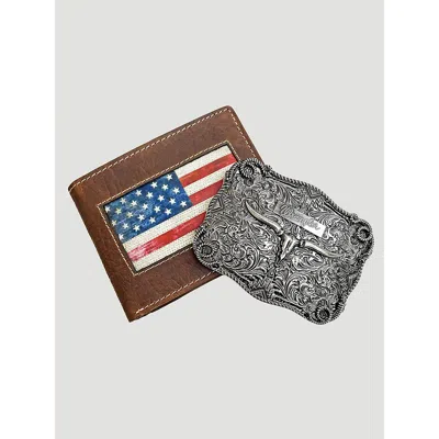 Wrangler Americana Wallet & Steerhead Buckle Gift Set In Brown