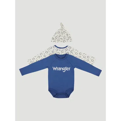 Wrangler Kids' Baby Bodysuits & Hat Set In Horseshoe Logo In Blue