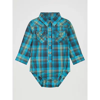 Wrangler Kids' Baby Boy's Long Sleeve Western Snap Bodysuit In Lagoon In Blue