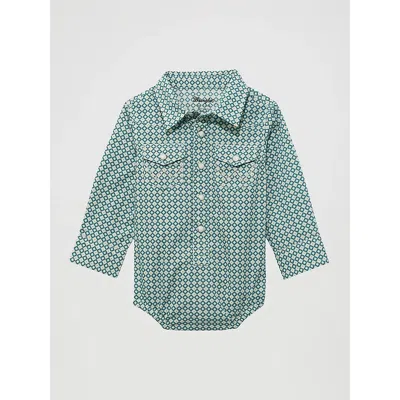 Wrangler Kids' Baby Boy's Long Sleeve Western Snap Bodysuit In Turquoise Diamond In Blue