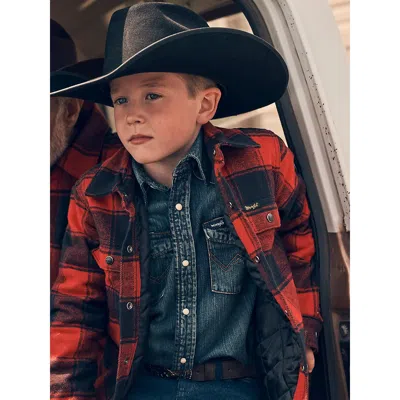 Wrangler Kids' Boy's Cowboy Cut® Long Sleeve Work Western Denim Snap Shirt In Antique Blue In Red