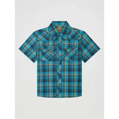 Wrangler Kids' Boy's  Retro® Short Sleeve Western Snap Shirt In Lagoon In Blue