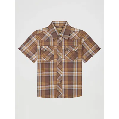 Wrangler Kids' Boy's  Retro® Short Sleeve Western Snap Shirt In Maple Brown In Blue