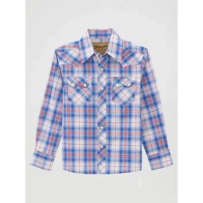 Wrangler Kids' Boy's  Retro® Western Snap Plaid Shirt With Front Sawtooth Pockets In Daisy Blue