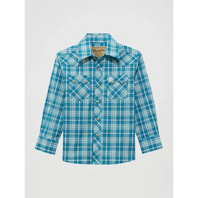 Wrangler Kids' Boy's  Retro® Western Snap Plaid Shirt With Front Sawtooth Pockets In Deep Sea In Blue