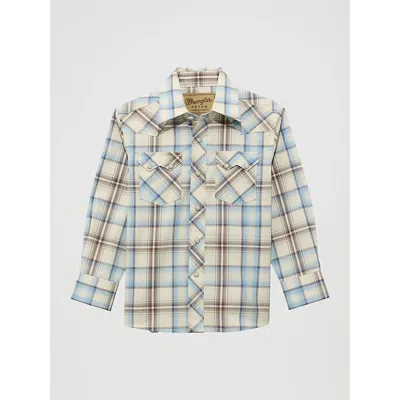 Wrangler Kids' Boy's  Retro® Western Snap Plaid Shirt With Front Sawtooth Pockets In Historic Tan In Multi