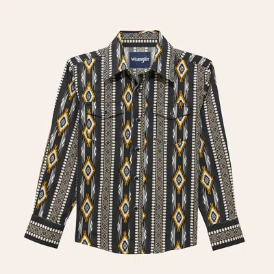 Wrangler Boys' Black & Gold Checotah Aztec Print Long Sleeve Pearl Snap Western Shirt In Multi