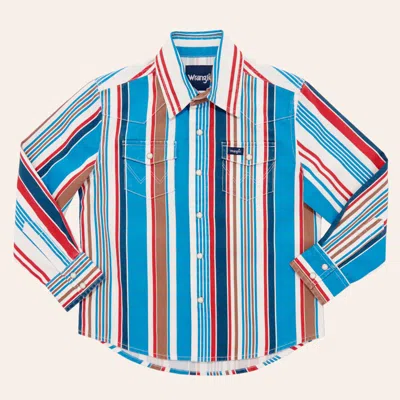 Wrangler Boys' Brushpopper Blue Vintage Stripe Print Long Sleeve Pearl Snap Western Shirt