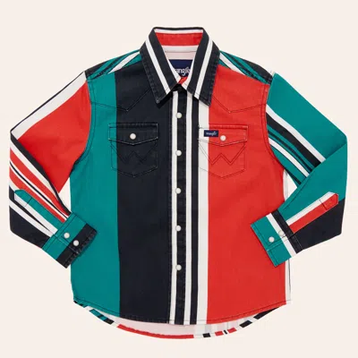 Wrangler Boys' Brushpopper Red Vintage Stripe Print Long Sleeve Pearl Snap Western Shirt