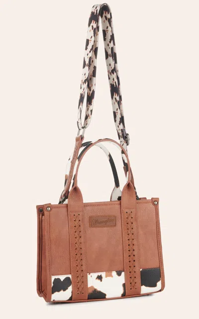 Wrangler Brown Black & White Leather Cow Print Medium Tote Handbag