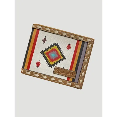 Wrangler Canvas Southwest Print Leather Trim Bifold Wallet In Tan In Brown