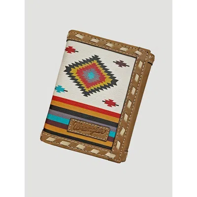 Wrangler Canvas Southwest Print Leather Trim Trifold Wallet In Tan In Brown