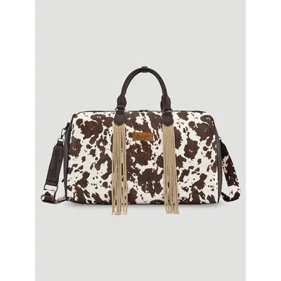 Wrangler Cow Print Fringe Duffle Bag In Coffee In Brown