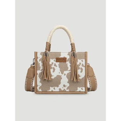 Wrangler Cow Print Fringe Mini Tote In Khaki In Brown