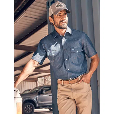 Wrangler Cowboy Cut® Firm Finish Denim Short Sleeve Work Western Shirt In Rigid Indigo In Blue