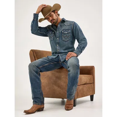 Wrangler Cowboy Cut® Long Sleeve Western Denim Snap Work Shirt In Antique Blue