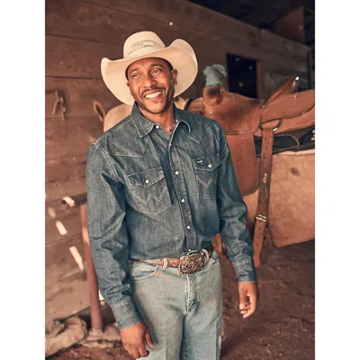 Wrangler Cowboy Cut® Long Sleeve Western Denim Snap Work Shirt In Dark Denim In Blue