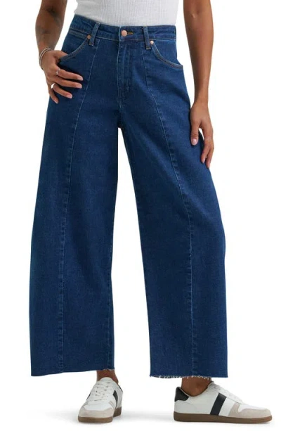 Wrangler Cowboy Raw Hem Seamed High Waist Ankle Barrel Jeans In Blue