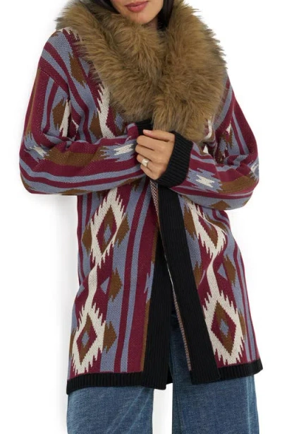 Wrangler Faux Fur Collar Cardigan In Exploded Southwest Print