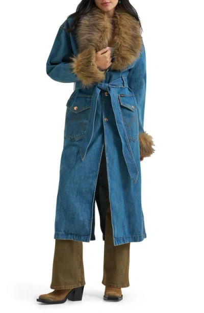 Wrangler Faux Fur Trim Denim Coat In Blue