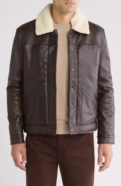Wrangler Faux Shearling Lined Leather  Jacket In Brown