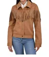 Wrangler Faux Suede With Fringe Trucker Jacket In Mid Brown In Multi