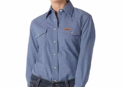 Wrangler Flame Resistant Denim Work Shirt In Blue