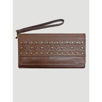 Wrangler Floral Embossed Stud Trim Wristlet In Brown