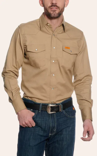 Wrangler Fr Khaki Long Sleeve Western Snap Workshirt In Brown