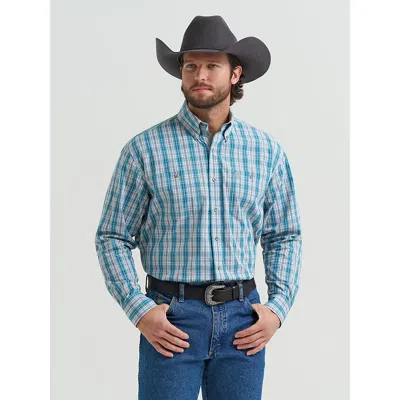 Wrangler ® George Strait™ Long Sleeve Button Down Two Pocket Shirt In Verdigris Plaid In Blue