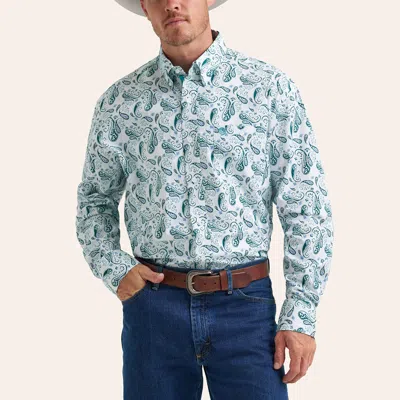 Wrangler George Strait Men's Teal & White Paisley Print Long Sleeve Shirt In Blue