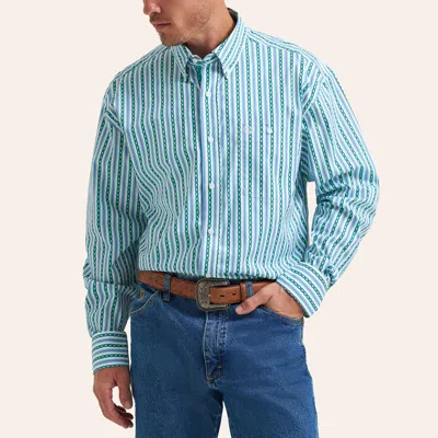 Wrangler George Strait Men's Teal Aztec Stripe Print Long Sleeve Shirt In Blue