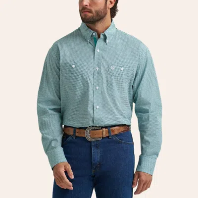 Wrangler George Strait Men's Teal Diamond Geo Print Long Sleeve Shirt In Blue