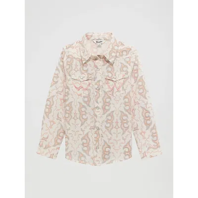 Wrangler Kids' Girl's Bold Print Western Snap Shirt In White In Pink