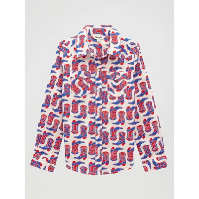 Wrangler Kids' Girl's Cowgirl Boots Western Snap Shirt In White In Multi