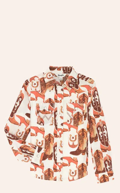 Wrangler Girl's Cream & Coral Boot Print Western Shirt In Brown