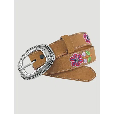 Wrangler Kids' Girl's Floral Embroidery Leather Belt In Tan In Brown