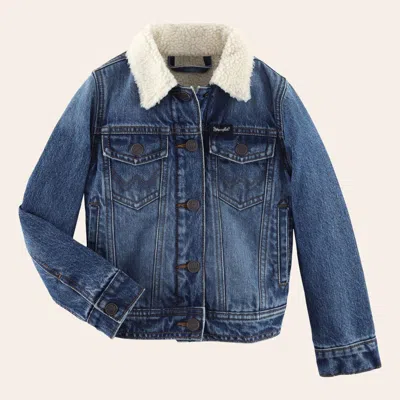 Wrangler Girl's Medium Wash Denim Cream Sherpa Lined Retro Jean Jacket In Blue
