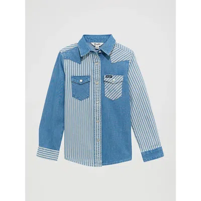 Wrangler Kids' Girl's Patchwork Western Snap Shirt In Denim Stripes In Blue