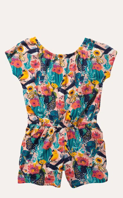 Wrangler Girl's Peach & Colorful Desert Cactus & Bird Print Short Sleeve Romper In Multi