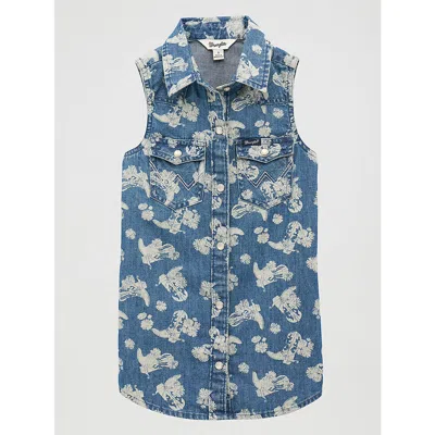 Wrangler Kids' Girl's Sleeveless Boots Denim Western Snap Shirt In Floral Blue