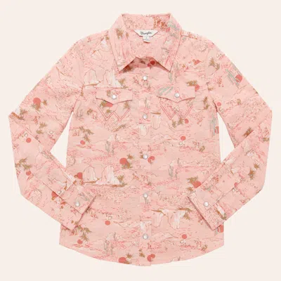 Wrangler Girls' Coral Western Print Long Sleeve Pearl Snap Western Shirt In Pink