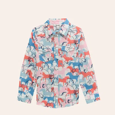Wrangler Girls' Pink & Blue Horse Print Long Sleeve Pearl Snap Western Shirt In White