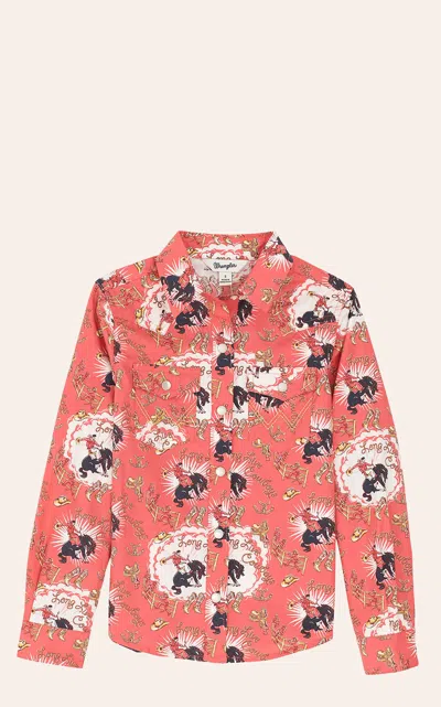 Wrangler Girls' Pink Bucking Horse Print Western Shirt