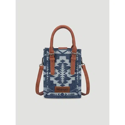 Wrangler Laser Cut Printed Square Cross Body In Denim In Blue