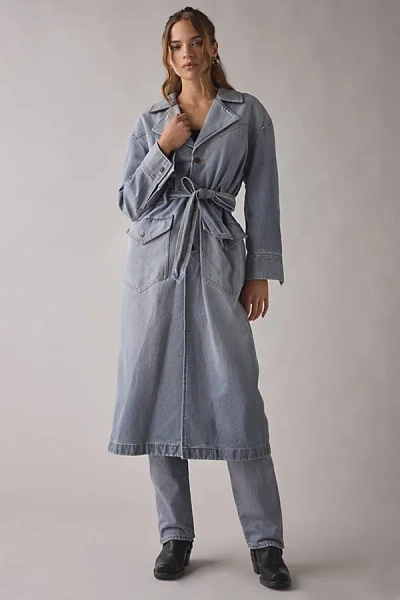 Wrangler Long Denim Trench Coat Jacket In Haute Haze, Women's At Urban Outfitters In Blue