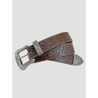 Wrangler Men's 3 Piece Western Buckle Leather Belt In Brown